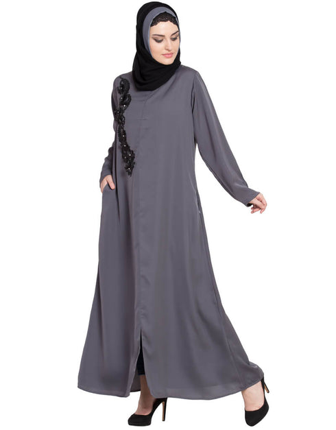 Arabic Front zip and slit patch work Nida Abaya Grey Women Online shopping USA
